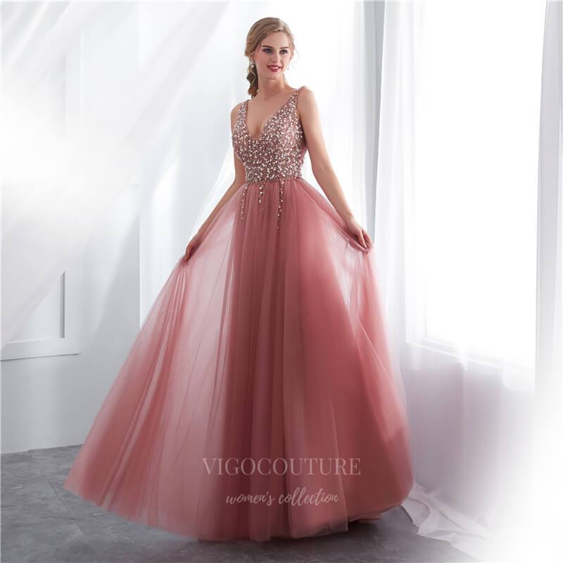 vigocouture-Pink Beaded A-Line Prom Dress 20298-Prom Dresses-vigocouture-