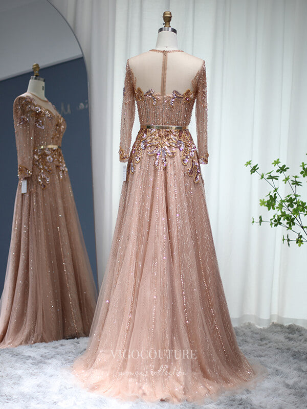 Pink Beaded Long Sleeve Prom Dresses Boat Neck 20s Evening Dress 22150-Prom Dresses-vigocouture-Pink-US2-vigocouture