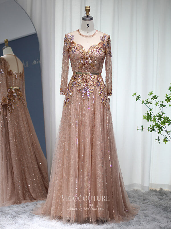Pink Beaded Long Sleeve Prom Dresses Boat Neck 20s Evening Dress 22150-Prom Dresses-vigocouture-Pink-US2-vigocouture