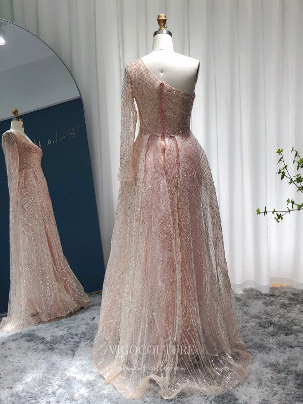 Pink Beaded One Shoulder Prom Dresses Overskirt 1920s Formal Dress 22153-Prom Dresses-vigocouture-Pink-US2-vigocouture