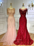 Pink Beaded Prom Dresses Lace Mermaid Pageant Dresses 22088