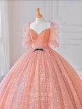 vigocouture-Pink Beaded Quinceanera Dresses Puffed Sleeve Sweet 15 Dresses 21162-Prom Dresses-vigocouture-