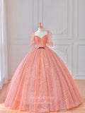 vigocouture-Pink Beaded Quinceanera Dresses Puffed Sleeve Sweet 15 Dresses 21162-Prom Dresses-vigocouture-Pink-Custom Size-