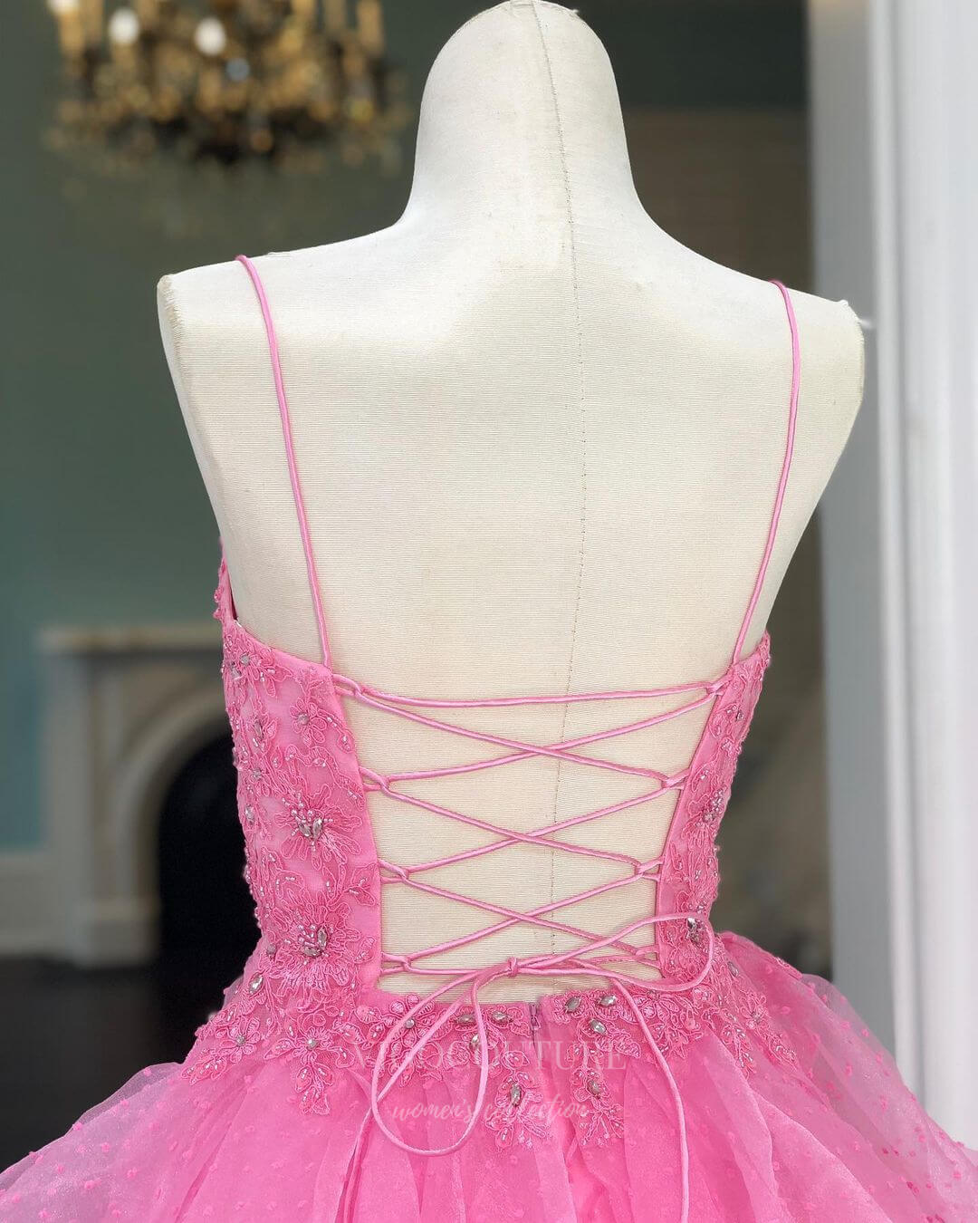 vigocouture-Pink Beaded Tiered Prom Dress 20817-Prom Dresses-vigocouture-