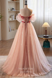 Pink Beaded Tulle Prom Dress with Removable Puffed Sleeve 22306-Prom Dresses-vigocouture-Pink-Custom Size-vigocouture