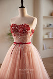 Pink Beaded Tulle Prom Dress with Removable Puffed Sleeve 22306-Prom Dresses-vigocouture-Pink-Custom Size-vigocouture