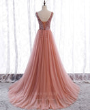 vigocouture-Pink Beaded V-Neck Prom Dress 20920-Prom Dresses-vigocouture-