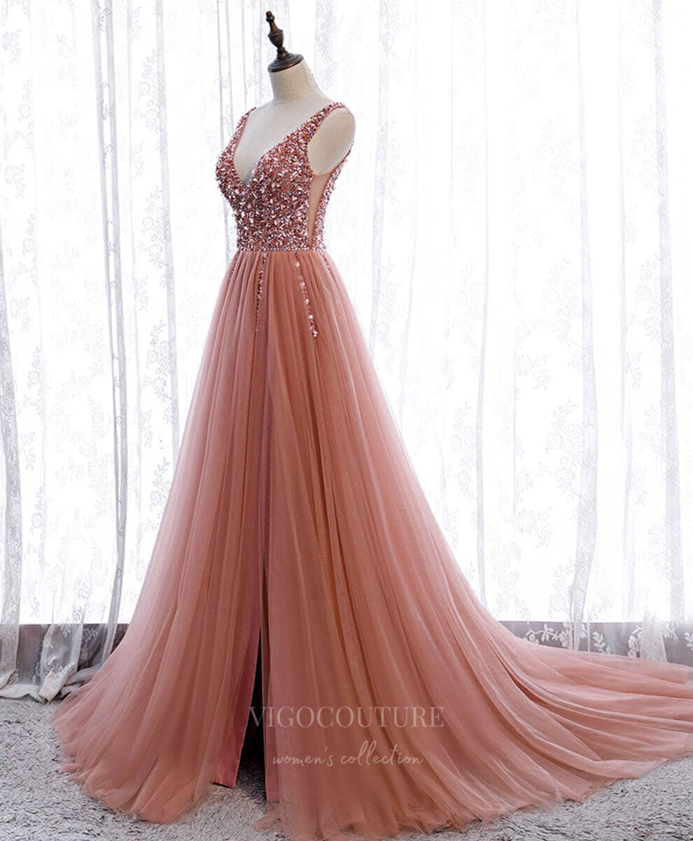 vigocouture-Pink Beaded V-Neck Prom Dress 20920-Prom Dresses-vigocouture-