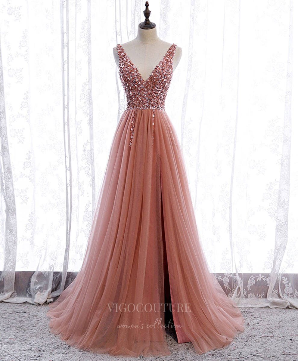 vigocouture-Pink Beaded V-Neck Prom Dress 20920-Prom Dresses-vigocouture-Pink-Custom Size-