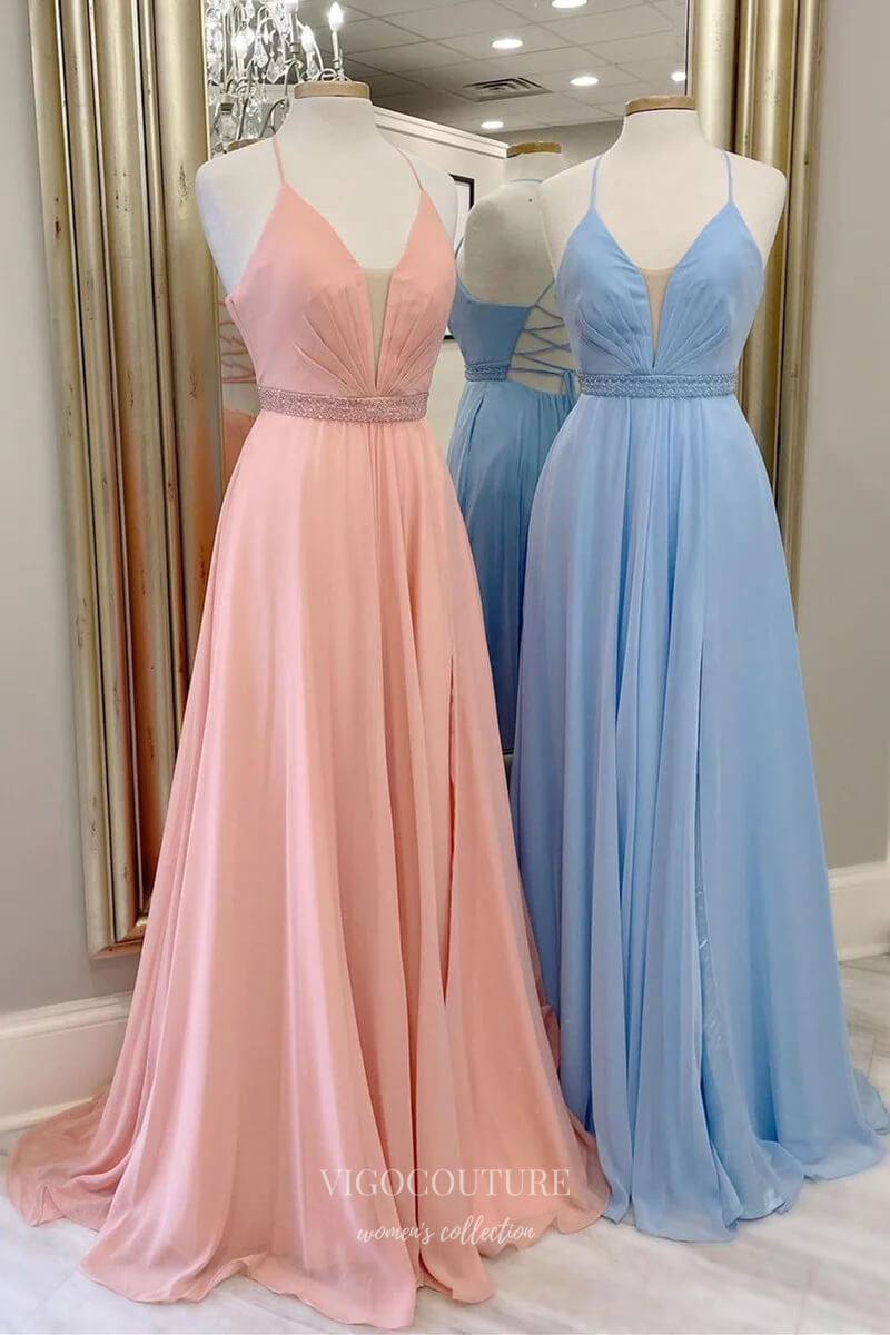 Pink Chiffon Prom Dresses Spaghetti Strap Plunging V-Neck Formal Gown 21910-Prom Dresses-vigocouture-Pink-US2-vigocouture