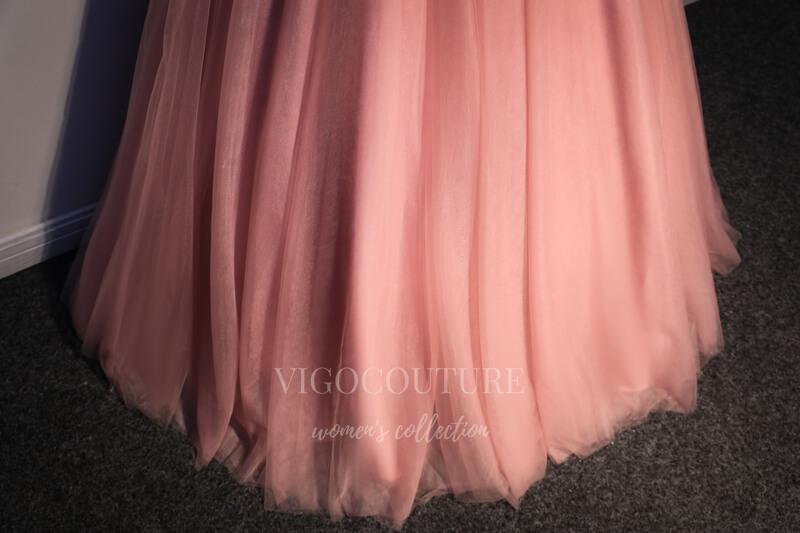 vigocouture-Pink Elbow Sleeve Beaded Quinceañera Dresses Lace Applique Ball Gown 20456-Prom Dresses-vigocouture-