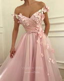 vigocouture-Pink Floral Off the Shoulder Tulle Prom Dress 20994-Prom Dresses-vigocouture-
