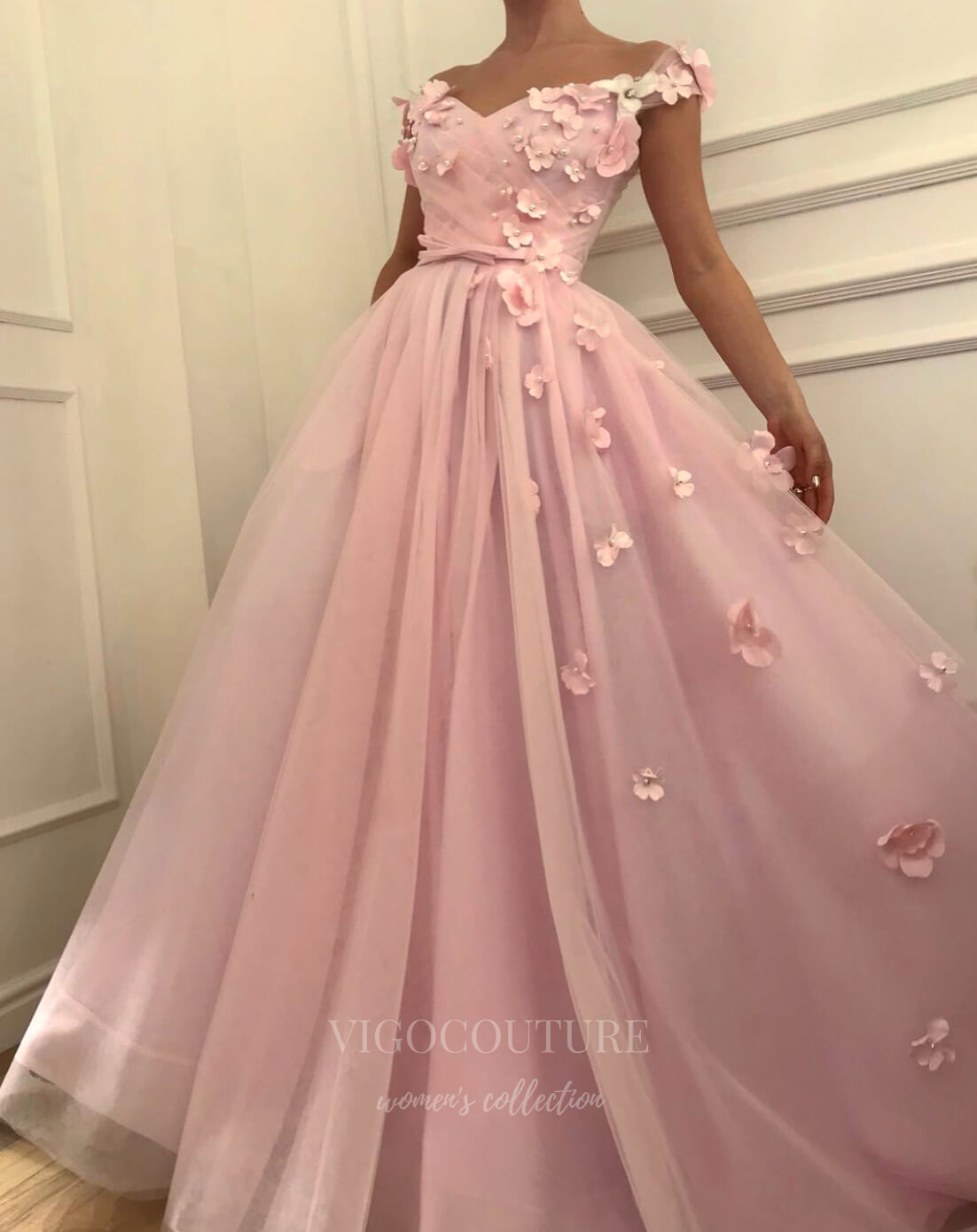 vigocouture-Pink Floral Off the Shoulder Tulle Prom Dress 20994-Prom Dresses-vigocouture-Pink-US2-