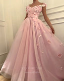 Pink Floral Off the Shoulder Tulle Prom Dress 20994