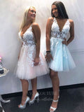 vigocouture-Pink Homecoming Dress Light Blue Lace Applique Hoco Dress hc051-Prom Dresses-vigocouture-