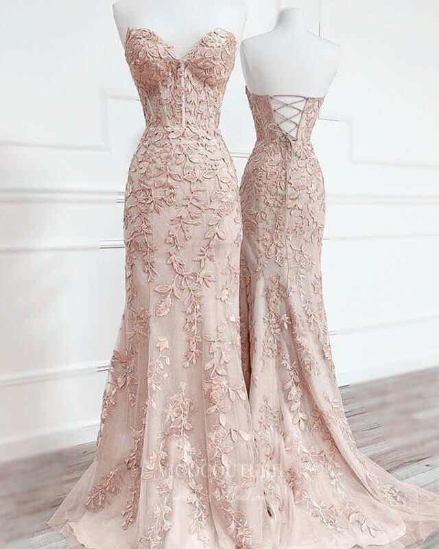 vigocouture-Pink Lace Applique Prom Dresses Mermaid Sweetheart Neck Evening Dress 21680A-Prom Dresses-vigocouture-Champagne-US0-
