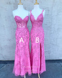 Pink Lace Applique Prom Dresses With Slit Mermaid Evening Dress 21680