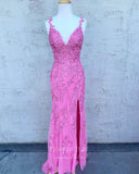 vigocouture-Pink Lace Applique Prom Dresses With Slit Mermaid V-Neck Evening Dress 21680B-Prom Dresses-vigocouture-