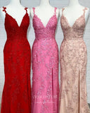 vigocouture-Pink Lace Applique Prom Dresses With Slit Mermaid V-Neck Evening Dress 21680B-Prom Dresses-vigocouture-