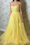Pink Lace Applique Prom Dresses with Slit Spaghetti Strap Evening Dress 21883-Prom Dresses-vigocouture-Yellow-US2-vigocouture
