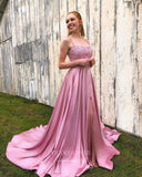 Pink Lace Applique Prom Dresses with Slit Spaghetti Strap Satin Evening Gown 21989-Prom Dresses-vigocouture-Lavender-US2-vigocouture