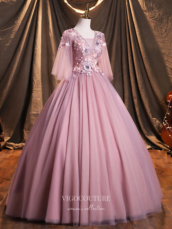 vigocouture-Pink Lace Applique Quinceanera Dresses Floral Sweet 15 Dresses 21387-Prom Dresses-vigocouture-