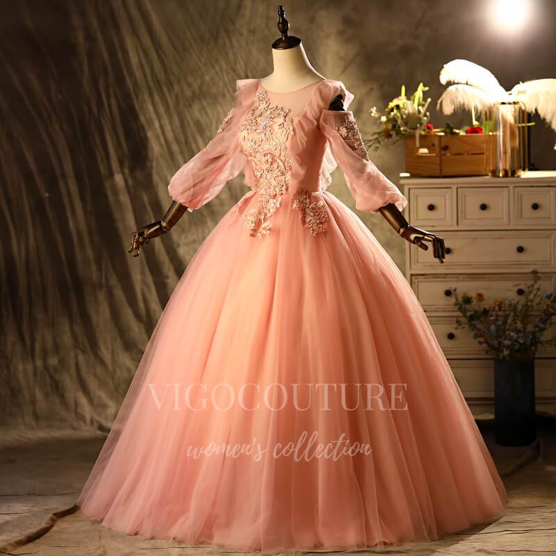 vigocouture-Pink Lace Applique Quinceanera Dresses Long Sleeve Ball Gown 20492-Prom Dresses-vigocouture-