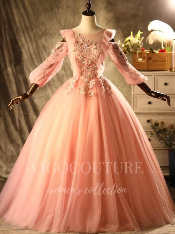 vigocouture-Pink Lace Applique Quinceanera Dresses Long Sleeve Ball Gown 20492-Prom Dresses-vigocouture-Pink-Custom Size-