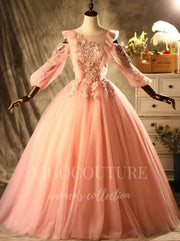 Pink Lace Applique Quinceanera Dresses Long Sleeve Ball Gown 20492