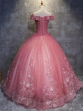 vigocouture-Pink Lace Applique Quinceanera Dresses Off the Shoulder Ball Gown 20417-Prom Dresses-vigocouture-