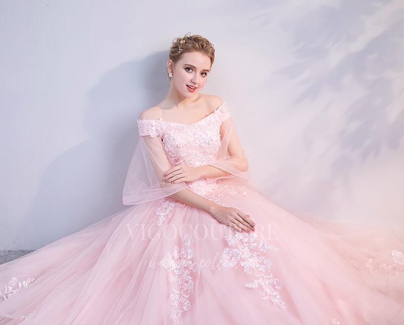 vigocouture-Pink Lace Applique Quinceañera Dresses Off the Shoulder Ball Gown 20438-Prom Dresses-vigocouture-