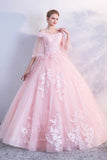 vigocouture-Pink Lace Applique Quinceañera Dresses Off the Shoulder Ball Gown 20438-Prom Dresses-vigocouture-Pink-Custom Size-
