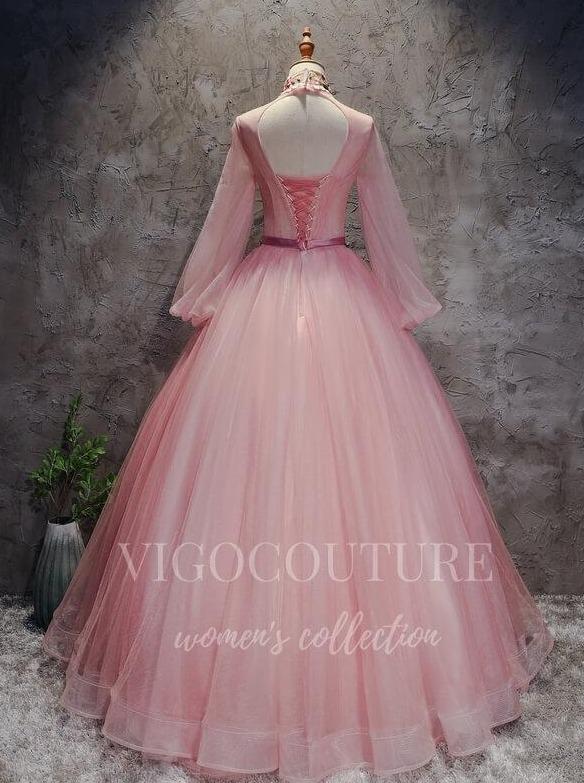 vigocouture-Pink Long Sleeve Quinceanera Dresses Lace Applique Ball Gown 20418-Prom Dresses-vigocouture-