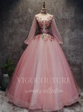 vigocouture-Pink Long Sleeve Quinceanera Dresses Lace Applique Ball Gown 20418-Prom Dresses-vigocouture-