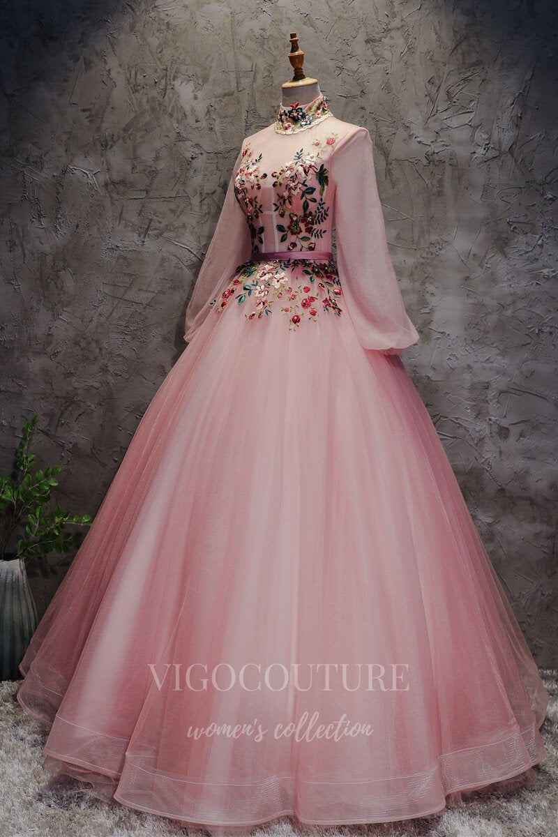 vigocouture-Pink Long Sleeve Quinceanera Dresses Lace Applique Ball Gown 20418-Prom Dresses-vigocouture-Pink-Custom Size-