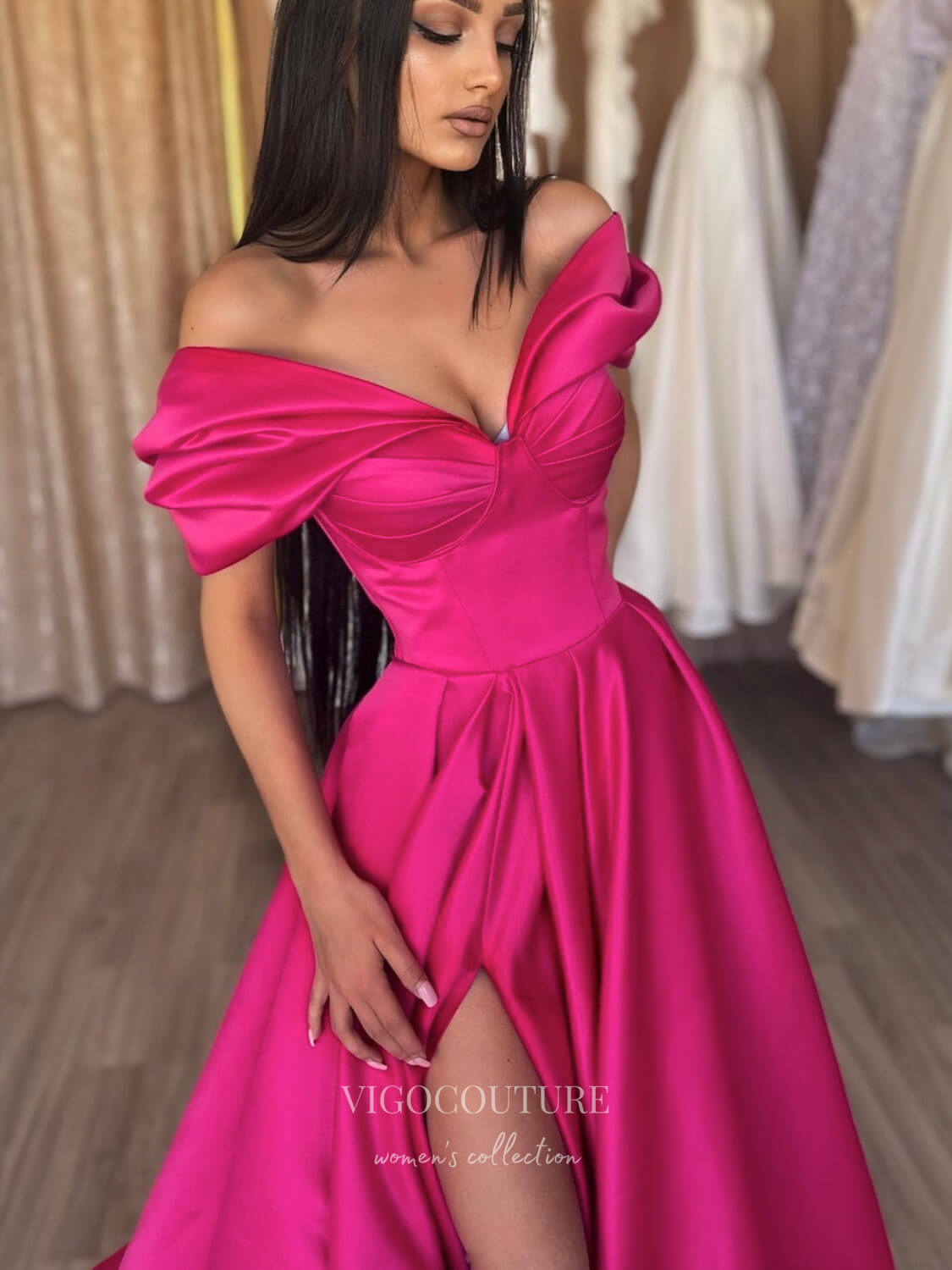 vigocouture-Pink Off the Shoulder Prom Dresses With Slit Satin A-Line Evening Dress 21773-Prom Dresses-vigocouture-
