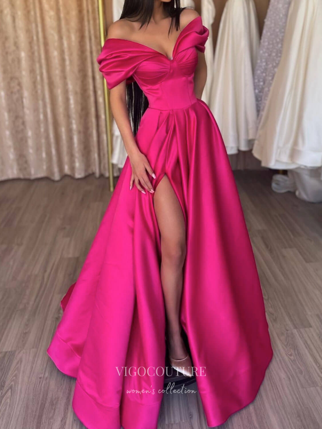 vigocouture-Pink Off the Shoulder Prom Dresses With Slit Satin A-Line Evening Dress 21773-Prom Dresses-vigocouture-Pink-US2-
