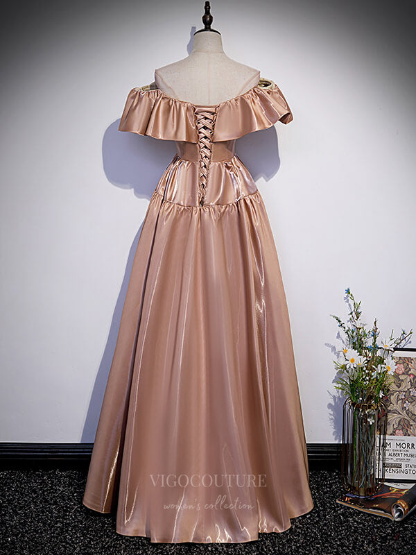 vigocouture-Pink Off the Shoulder Satin Prom Dress 20871-Prom Dresses-vigocouture-