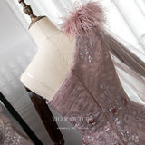 Pink One Shoulder Prom Dresses Long Sleeve Feather Evening Gown 22102-Prom Dresses-vigocouture-Pink-US2-vigocouture