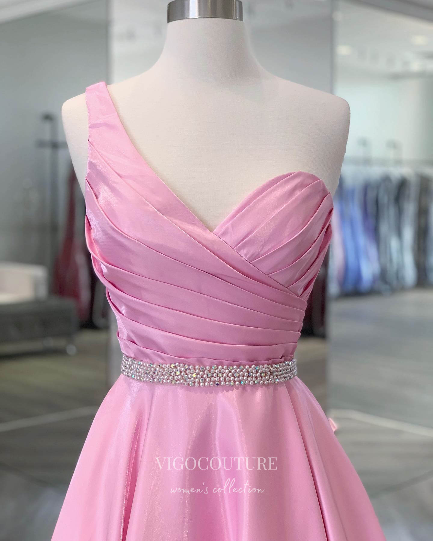 vigocouture-Pink One Shoulder Prom Dresses Pleated Satin Evening Dress 21801-Prom Dresses-vigocouture-