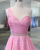 vigocouture-Pink One Shoulder Prom Dresses Pleated Satin Evening Dress 21801-Prom Dresses-vigocouture-