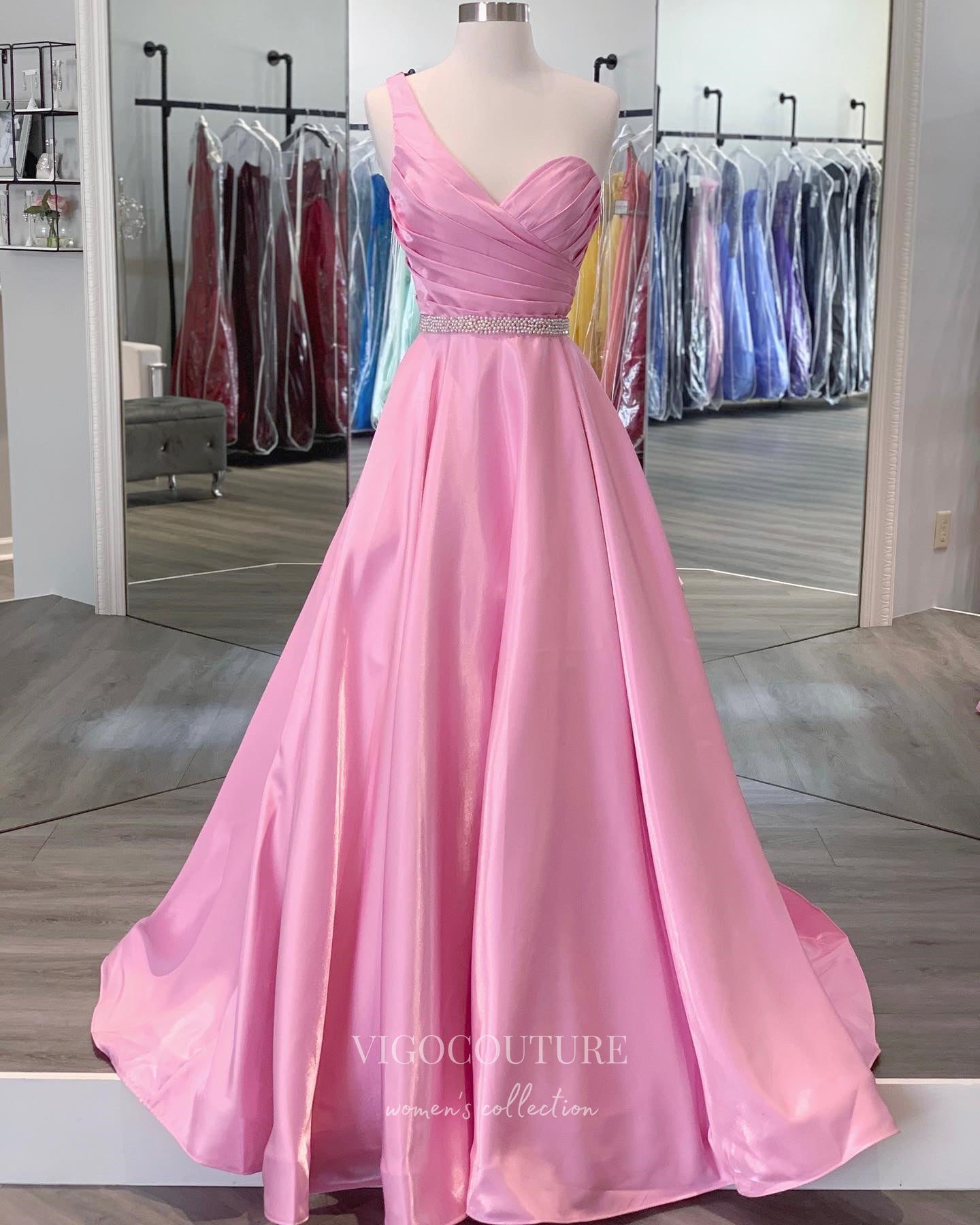 vigocouture-Pink One Shoulder Prom Dresses Pleated Satin Evening Dress 21801-Prom Dresses-vigocouture-Pink-US2-