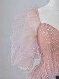 vigocouture-Pink Puffed Sleeve Prom Dress Sparkly Beaded Formal Dresses 21151-Prom Dresses-vigocouture-