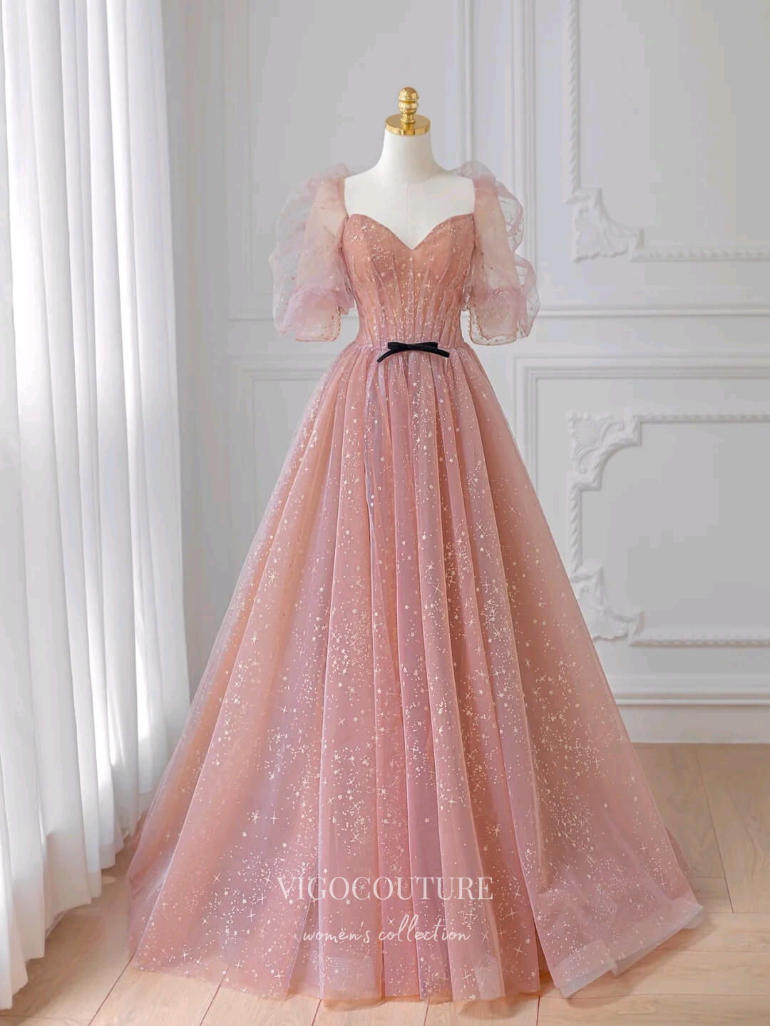vigocouture-Pink Puffed Sleeve Prom Dress Sparkly Beaded Formal Dresses 21151-Prom Dresses-vigocouture-Pink-Custom Size-