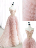 Pink Rruffled Tulle Prom Dresses Spaghetti Strap Formal Gown 22059-Prom Dresses-vigocouture-Pink-US2-vigocouture