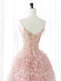 Pink Rruffled Tulle Prom Dresses Spaghetti Strap Formal Gown 22059-Prom Dresses-vigocouture-Pink-US2-vigocouture