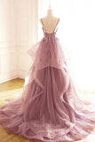 Pink Ruffled Tulle Prom Dresses Spaghetti Strap Formal Gown 21968-Prom Dresses-vigocouture-Pink-US2-vigocouture