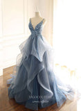Pink Ruffled Tulle Prom Dresses Spaghetti Strap Formal Gown 21968-Prom Dresses-vigocouture-Dusty Blue-US2-vigocouture