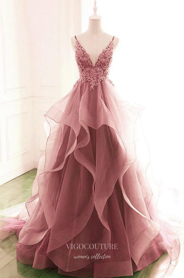 Pink Ruffled Tulle Prom Dresses Spaghetti Strap Formal Gown 21968-Prom Dresses-vigocouture-Pink-US2-vigocouture