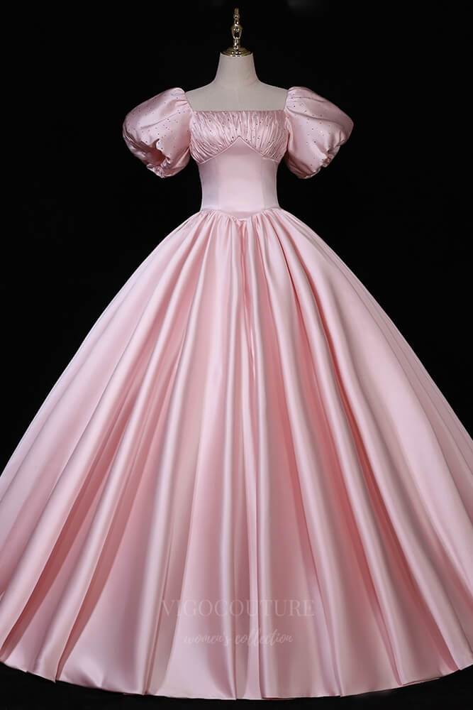 vigocouture-Pink Satin Ball Gown Puffed Sleeve Quinceanera Dresses 20671-Prom Dresses-vigocouture-Pink-US2-